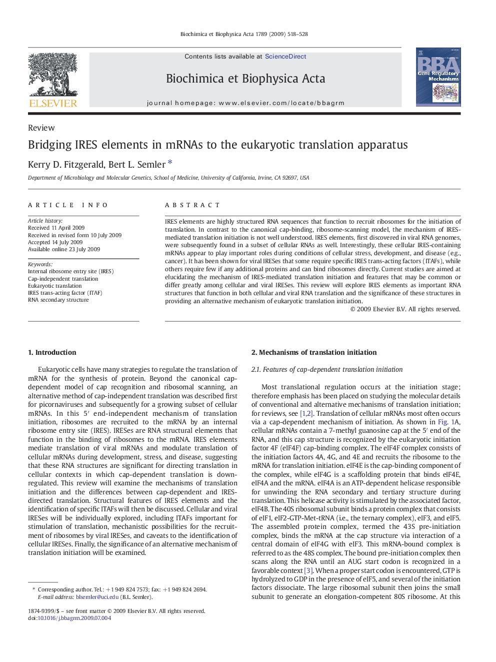 Bridging IRES elements in mRNAs to the eukaryotic translation apparatus