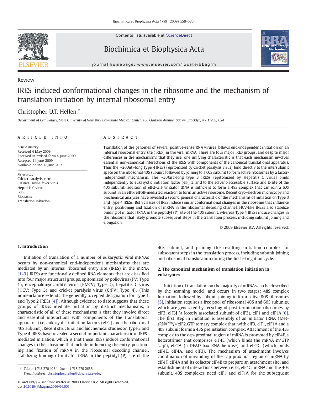 IRES-induced conformational changes in the ribosome and the mechanism of translation initiation by internal ribosomal entry