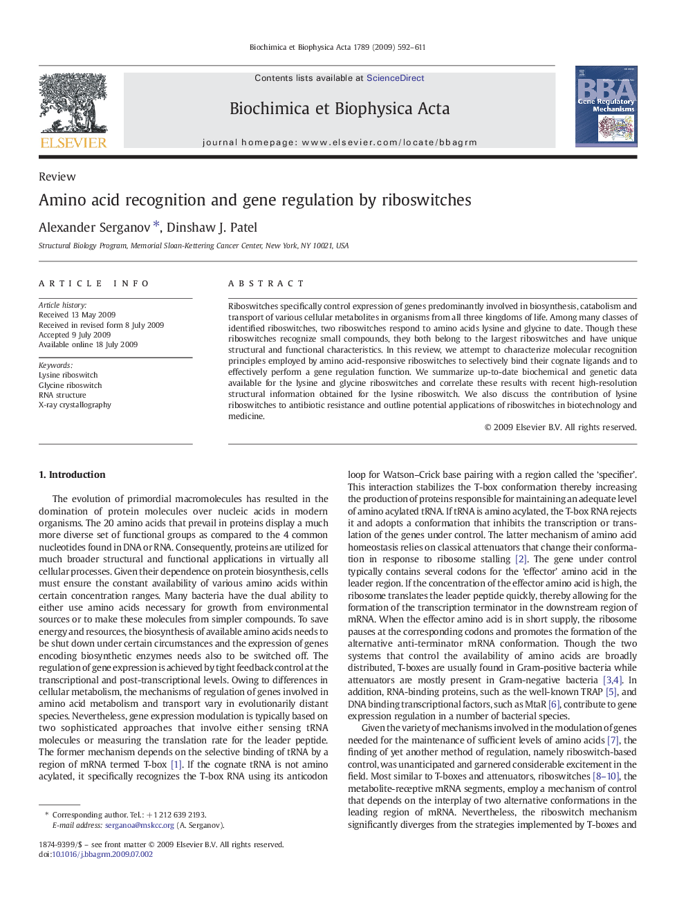 Amino acid recognition and gene regulation by riboswitches