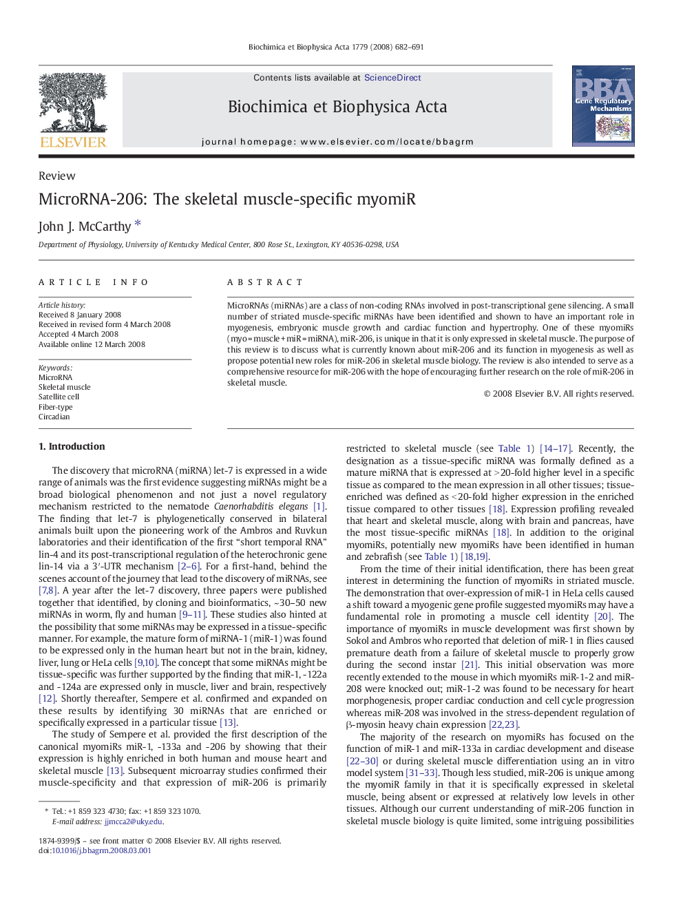 MicroRNA-206: The skeletal muscle-specific myomiR