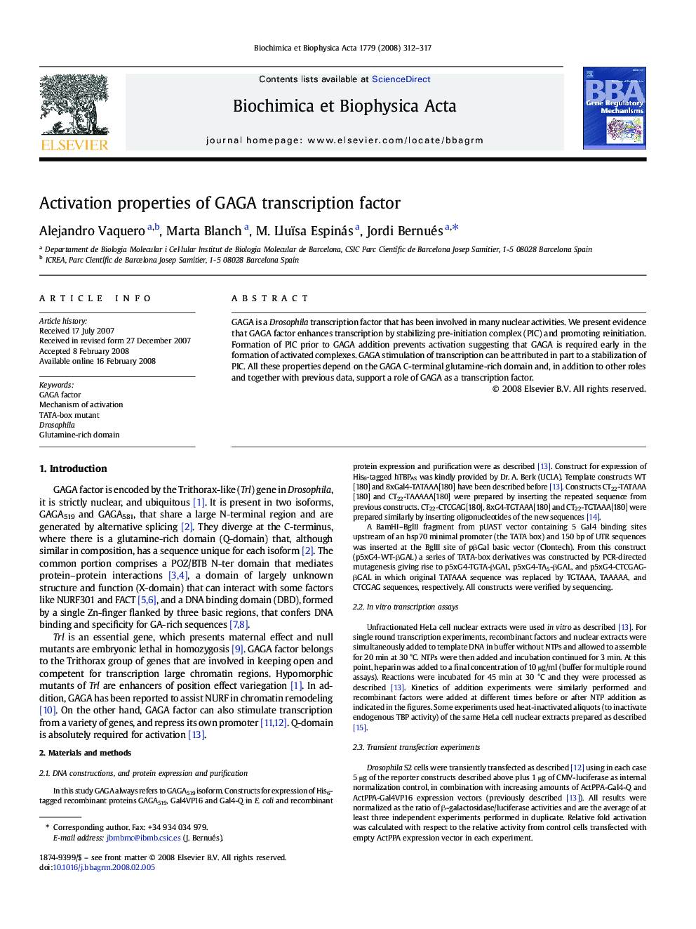 Activation properties of GAGA transcription factor