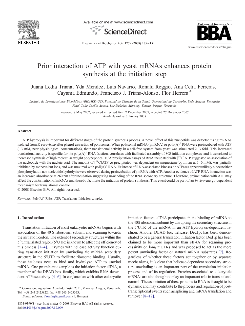 Prior interaction of ATP with yeast mRNAs enhances protein synthesis at the initiation step