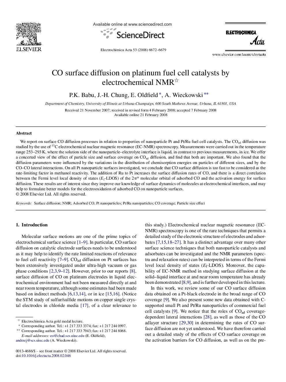 CO surface diffusion on platinum fuel cell catalysts by electrochemical NMR 