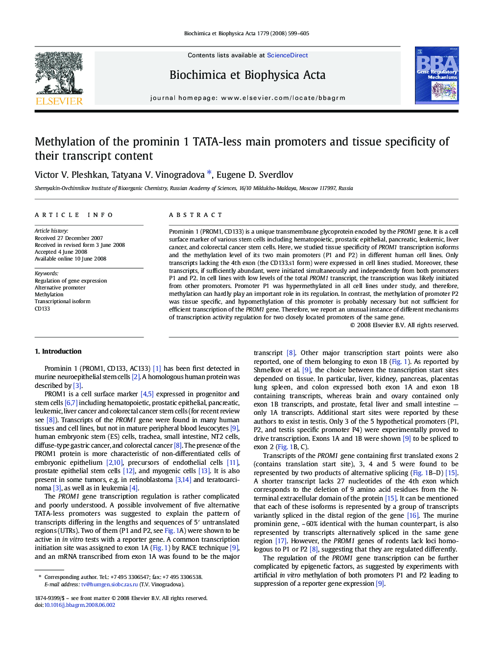 Methylation of the prominin 1 TATA-less main promoters and tissue specificity of their transcript content