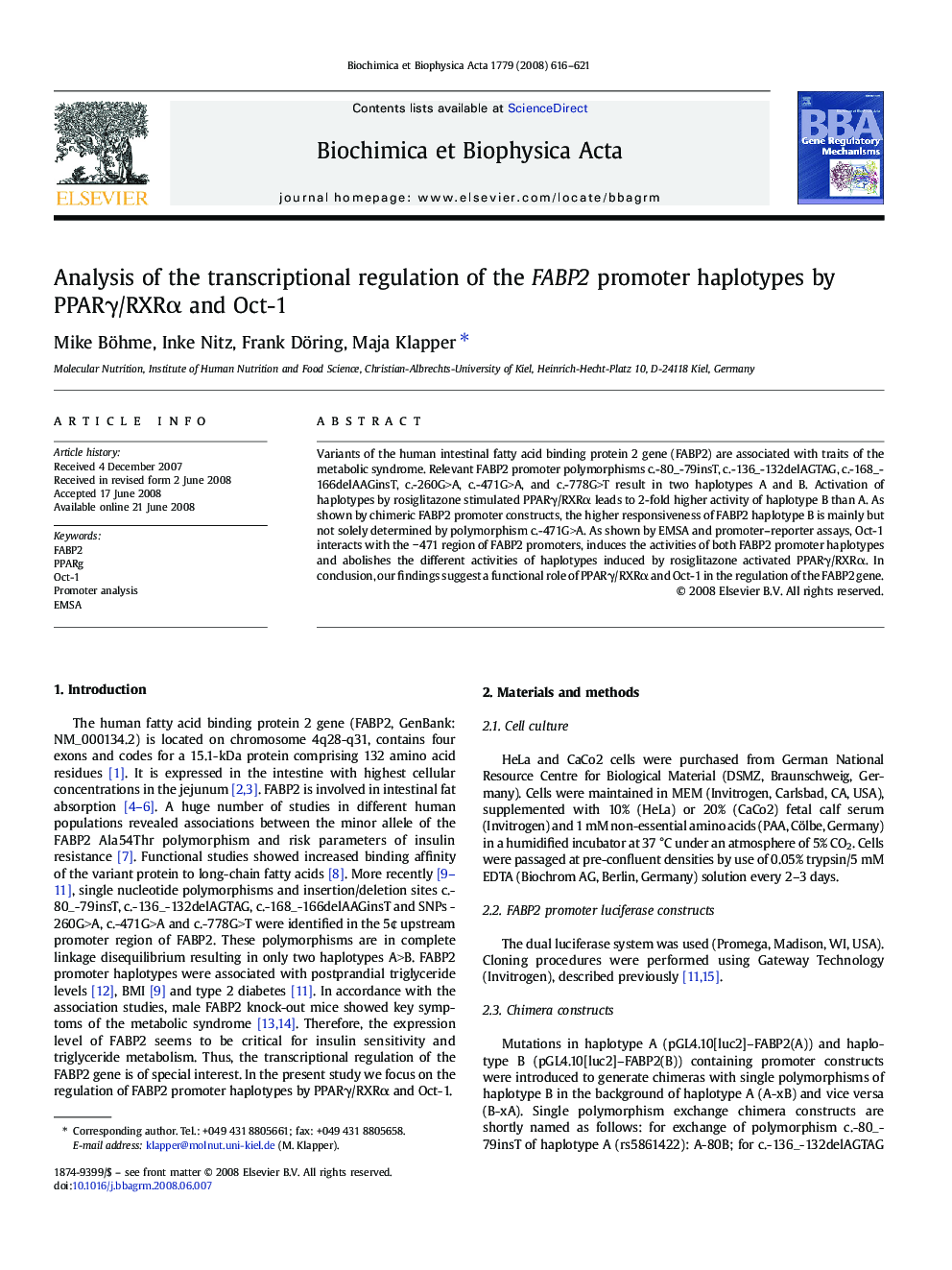 Analysis of the transcriptional regulation of the FABP2 promoter haplotypes by PPARγ/RXRα and Oct-1