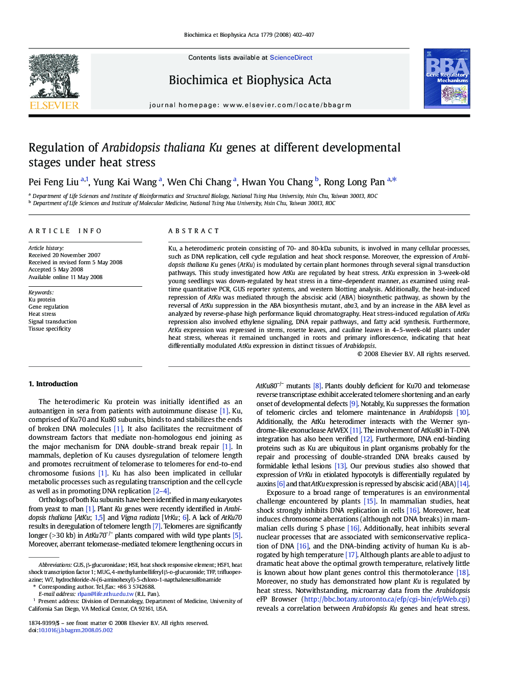 Regulation of Arabidopsis thaliana Ku genes at different developmental stages under heat stress