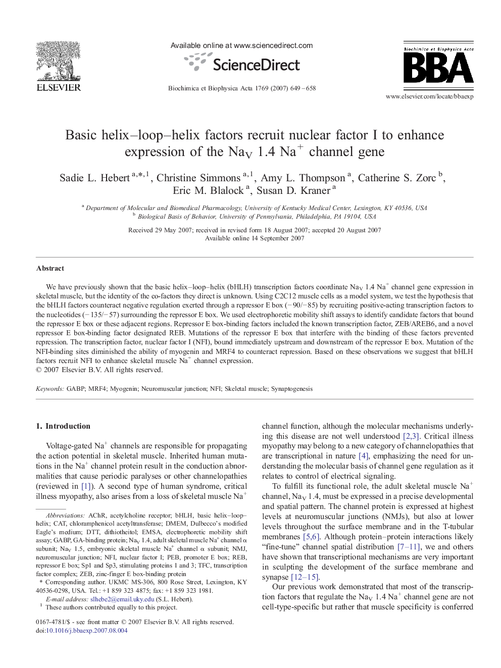 Basic helix-loop-helix factors recruit nuclear factor I to enhance expression of the NaV 1.4 Na+ channel gene