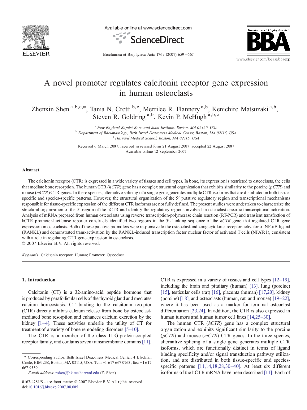 A novel promoter regulates calcitonin receptor gene expression in human osteoclasts