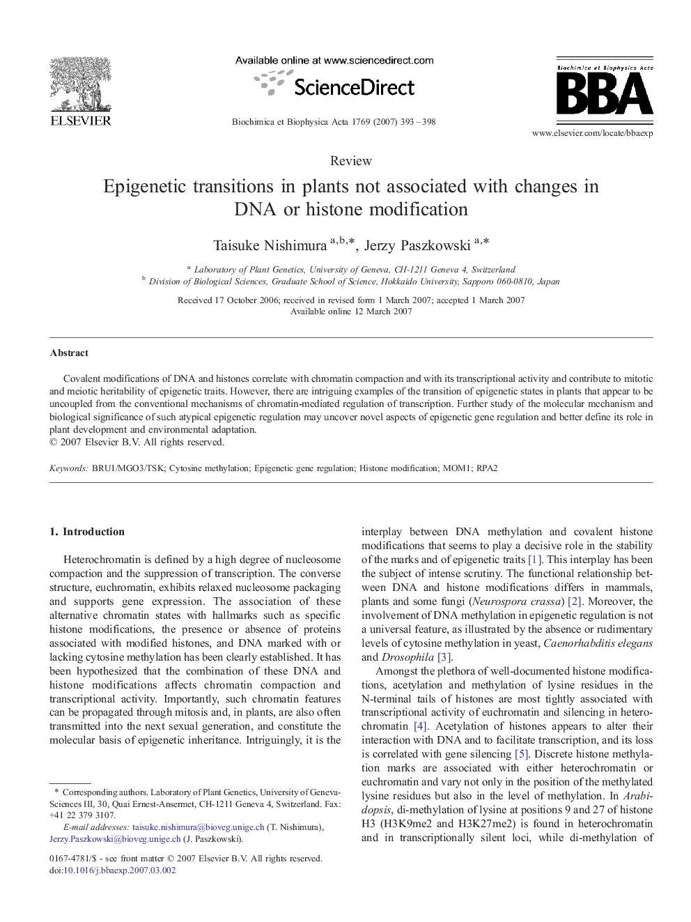 Epigenetic transitions in plants not associated with changes in DNA or histone modification