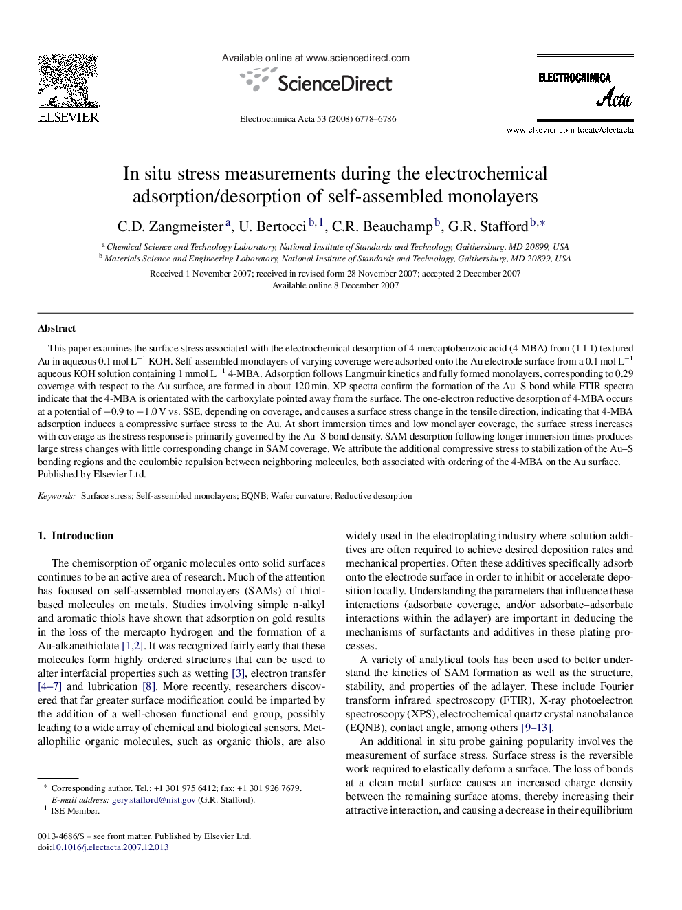 In situ stress measurements during the electrochemical adsorption/desorption of self-assembled monolayers