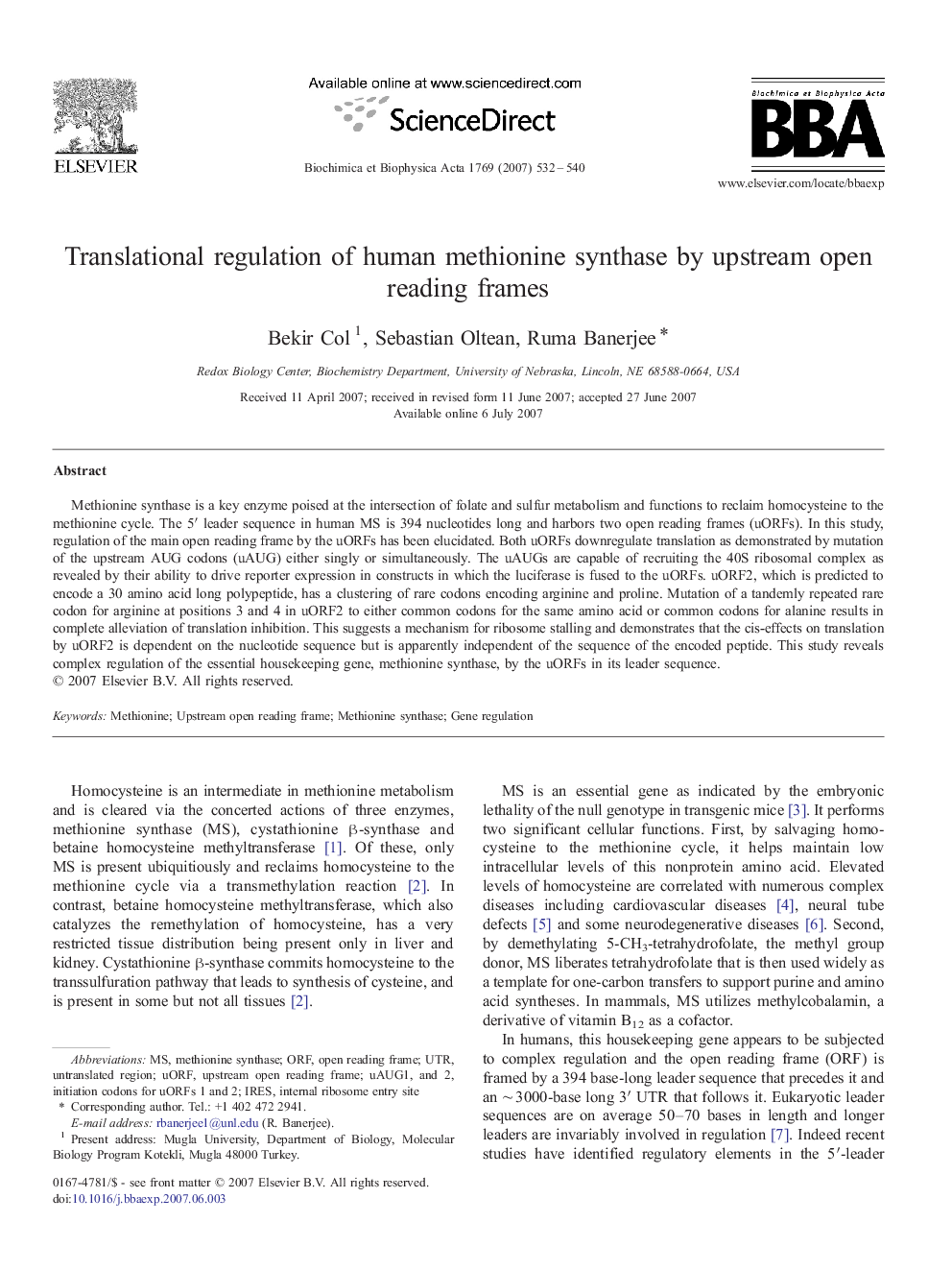 Translational regulation of human methionine synthase by upstream open reading frames