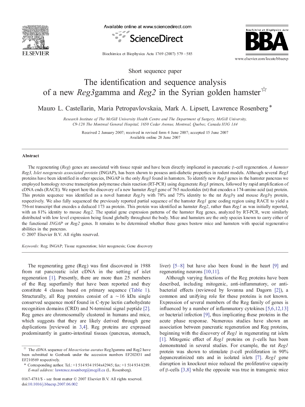 The identification and sequence analysis of a new Reg3gamma and Reg2 in the Syrian golden hamster 