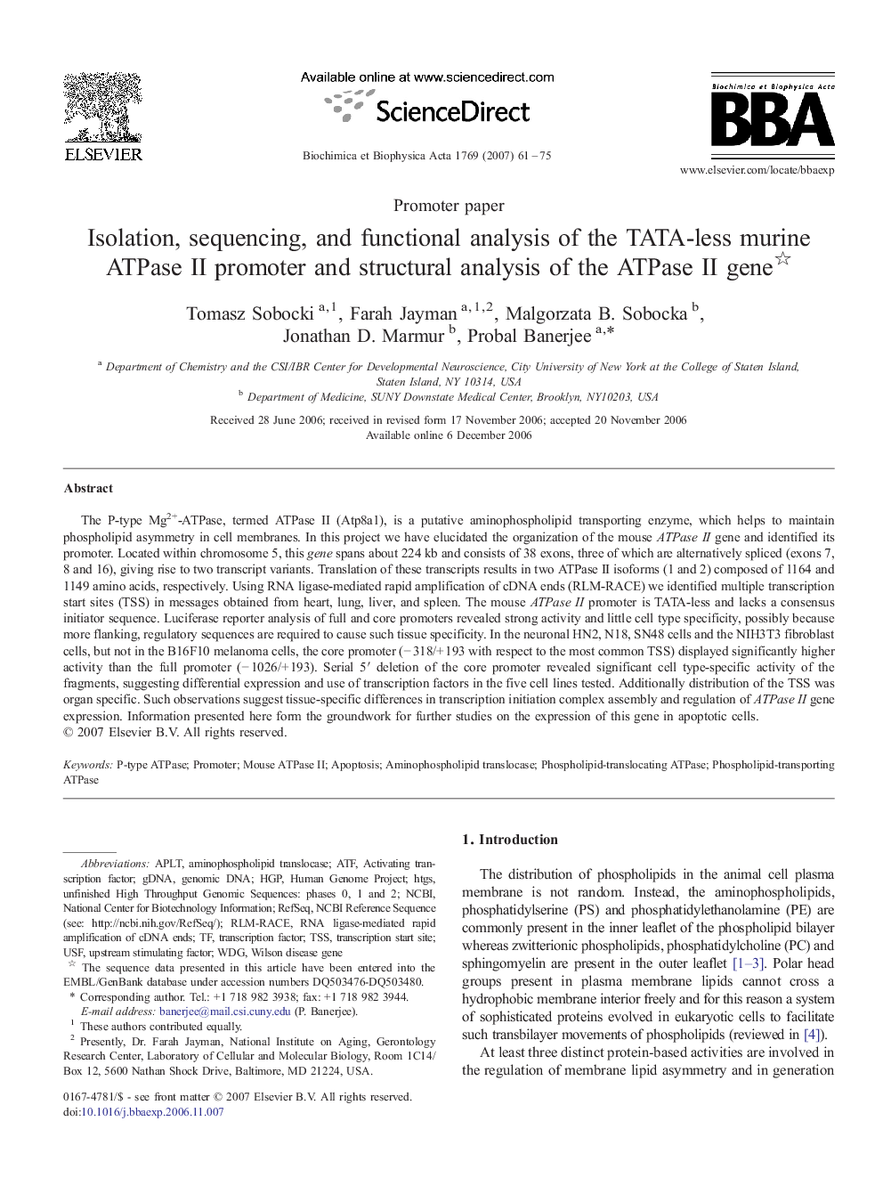 Isolation, sequencing, and functional analysis of the TATA-less murine ATPase II promoter and structural analysis of the ATPase II gene 