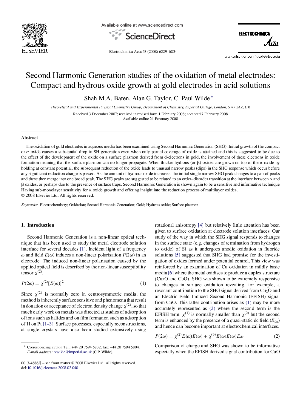 Second Harmonic Generation studies of the oxidation of metal electrodes: Compact and hydrous oxide growth at gold electrodes in acid solutions