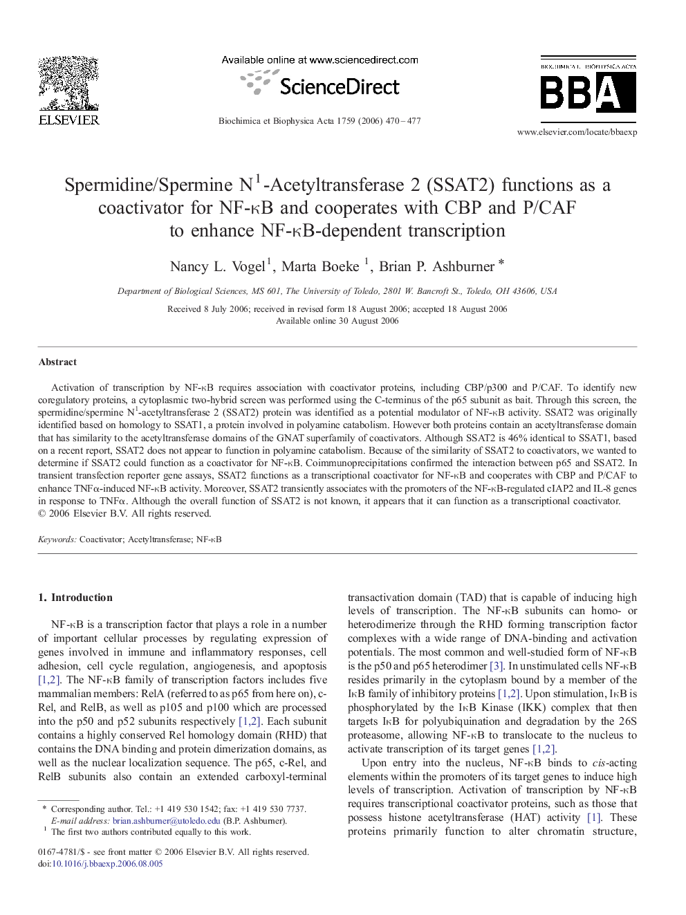 Spermidine/Spermine N1-Acetyltransferase 2 (SSAT2) functions as a coactivator for NF-ÎºB and cooperates with CBP and P/CAF to enhance NF-ÎºB-dependent transcription