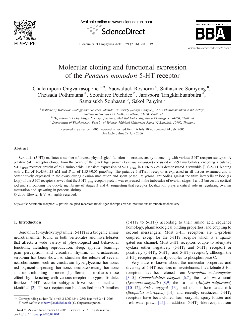 Molecular cloning and functional expression of the Penaeus monodon 5-HT receptor