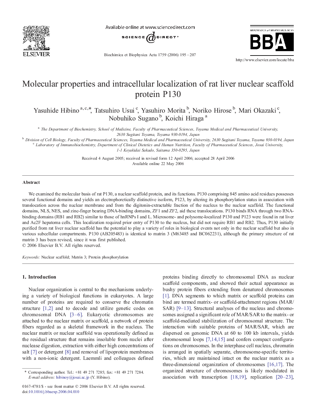 Molecular properties and intracellular localization of rat liver nuclear scaffold protein P130