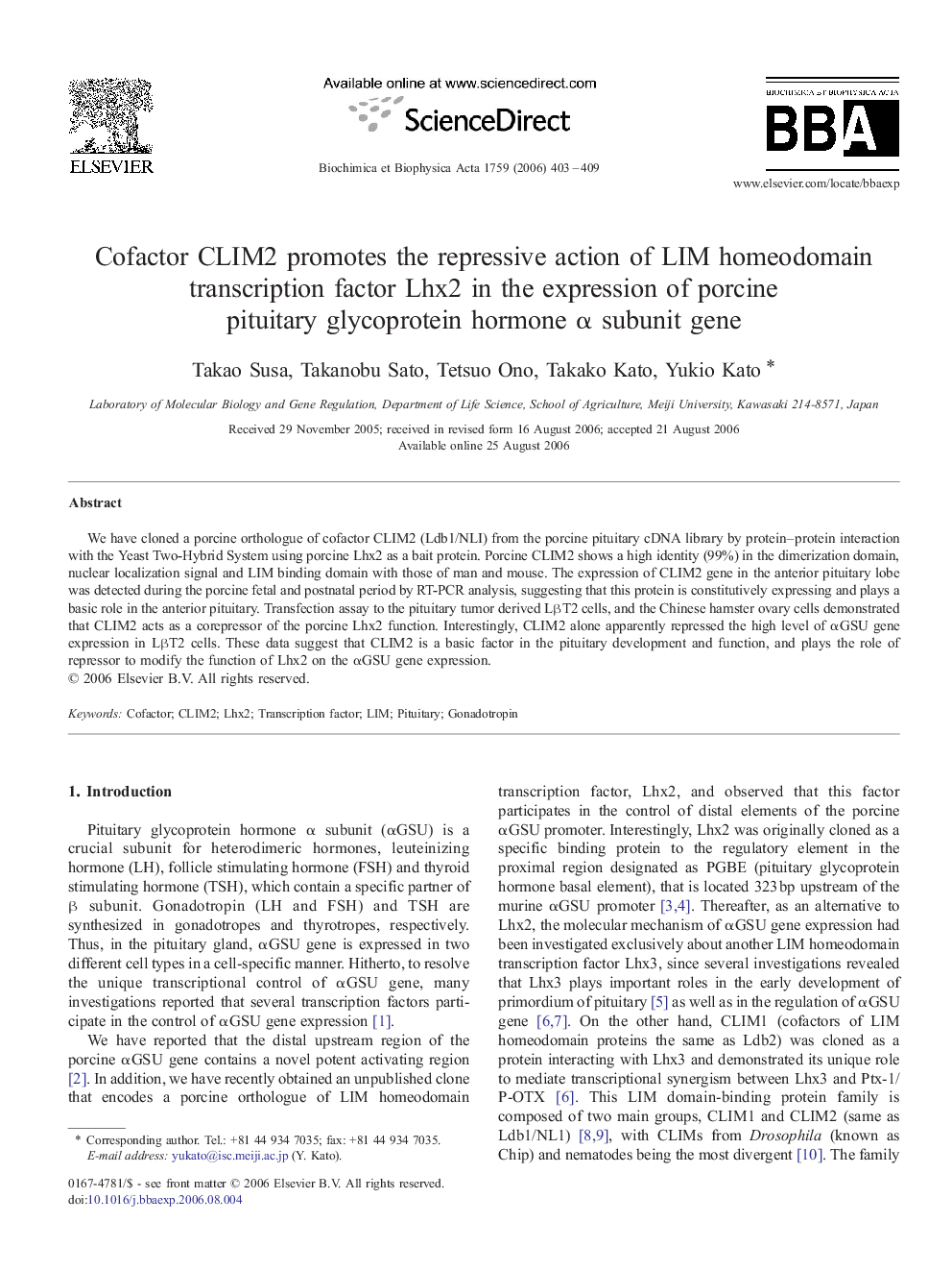 Cofactor CLIM2 promotes the repressive action of LIM homeodomain transcription factor Lhx2 in the expression of porcine pituitary glycoprotein hormone α subunit gene