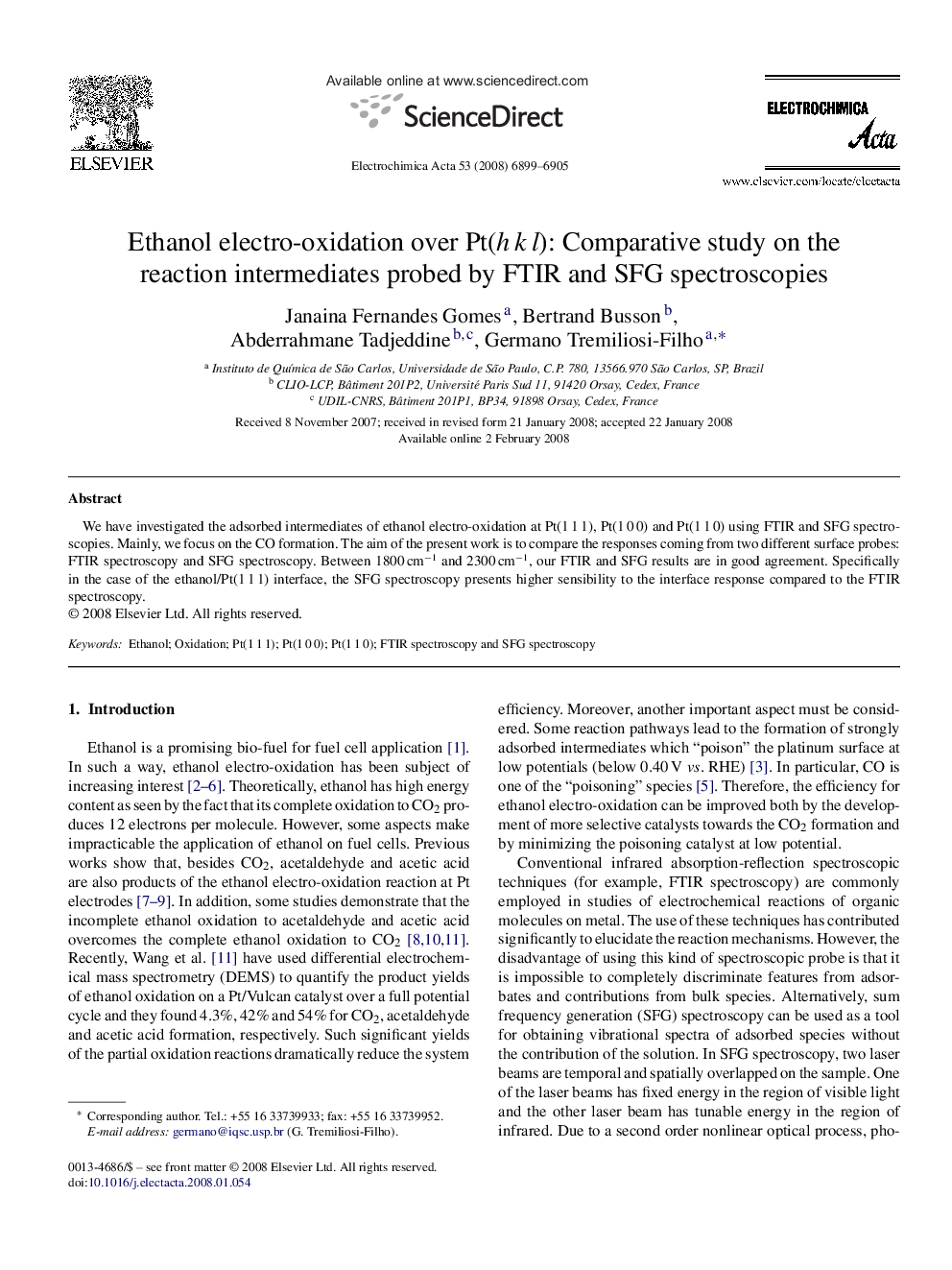 Ethanol electro-oxidation over Pt(h k l): Comparative study on the reaction intermediates probed by FTIR and SFG spectroscopies