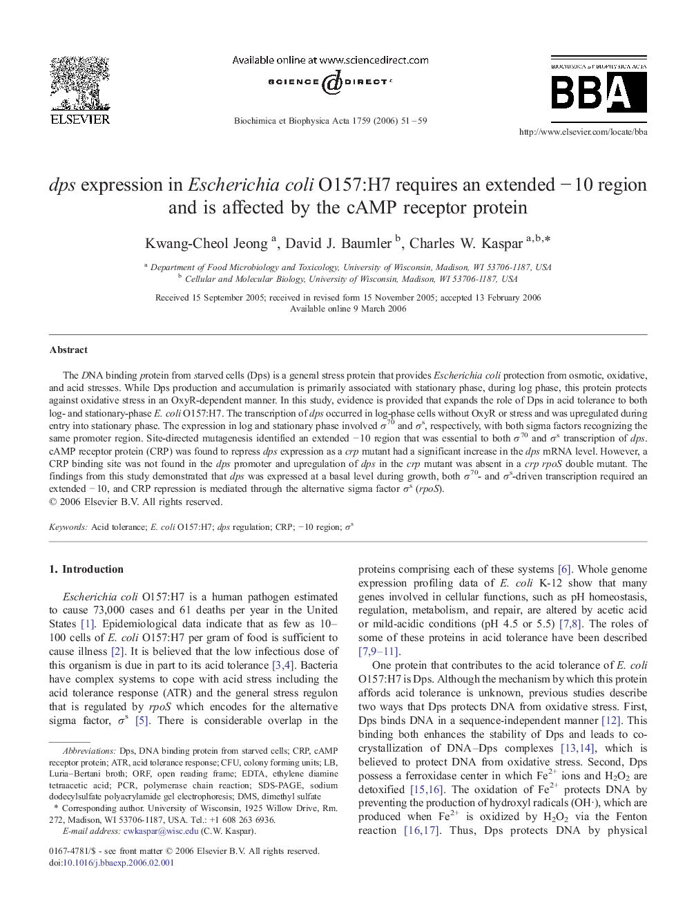 dps expression in Escherichia coli O157:H7 requires an extended − 10 region and is affected by the cAMP receptor protein