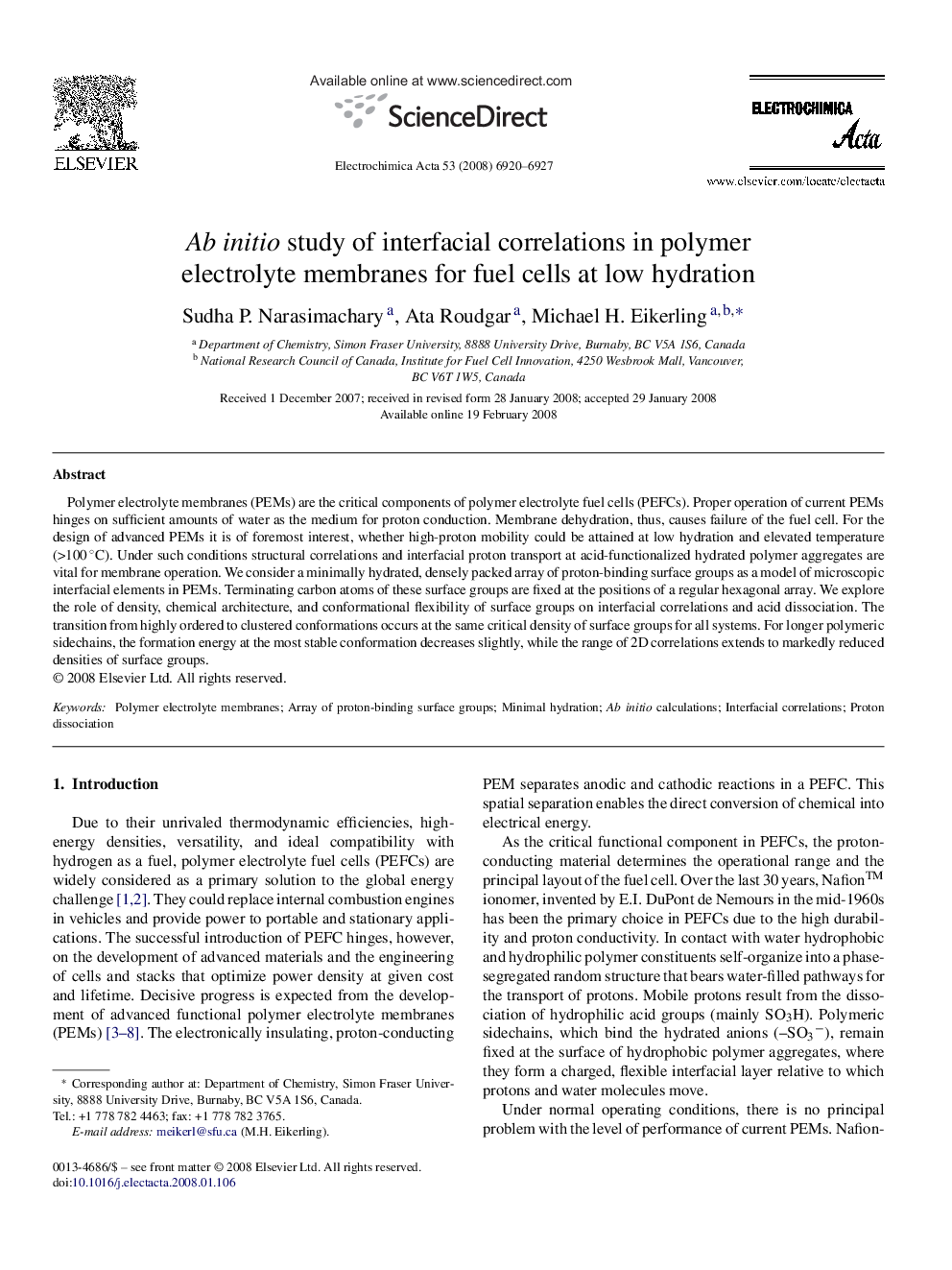 Ab initio study of interfacial correlations in polymer electrolyte membranes for fuel cells at low hydration