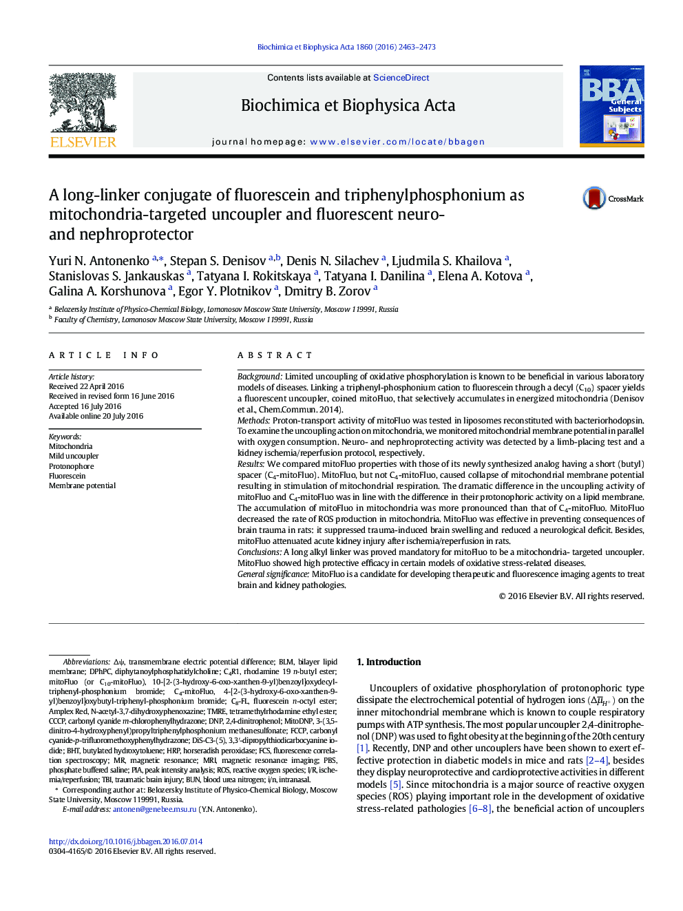 A long-linker conjugate of fluorescein and triphenylphosphonium as mitochondria-targeted uncoupler and fluorescent neuro- and nephroprotector