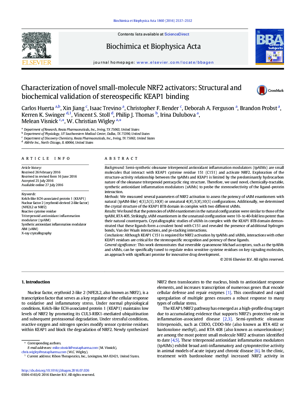 Characterization of novel small-molecule NRF2 activators: Structural and biochemical validation of stereospecific KEAP1 binding
