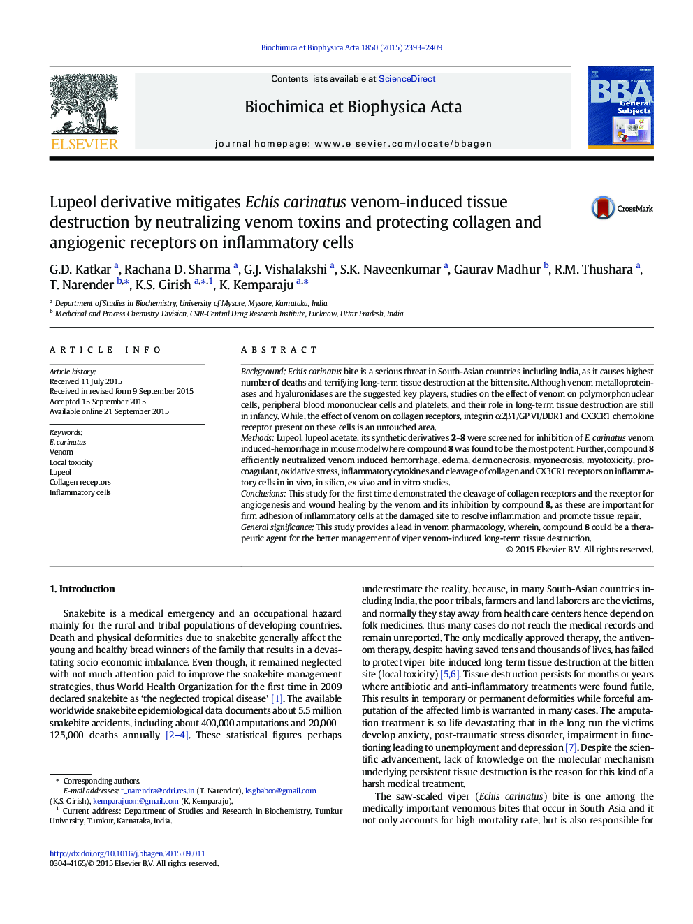 Lupeol derivative mitigates Echis carinatus venom-induced tissue destruction by neutralizing venom toxins and protecting collagen and angiogenic receptors on inflammatory cells