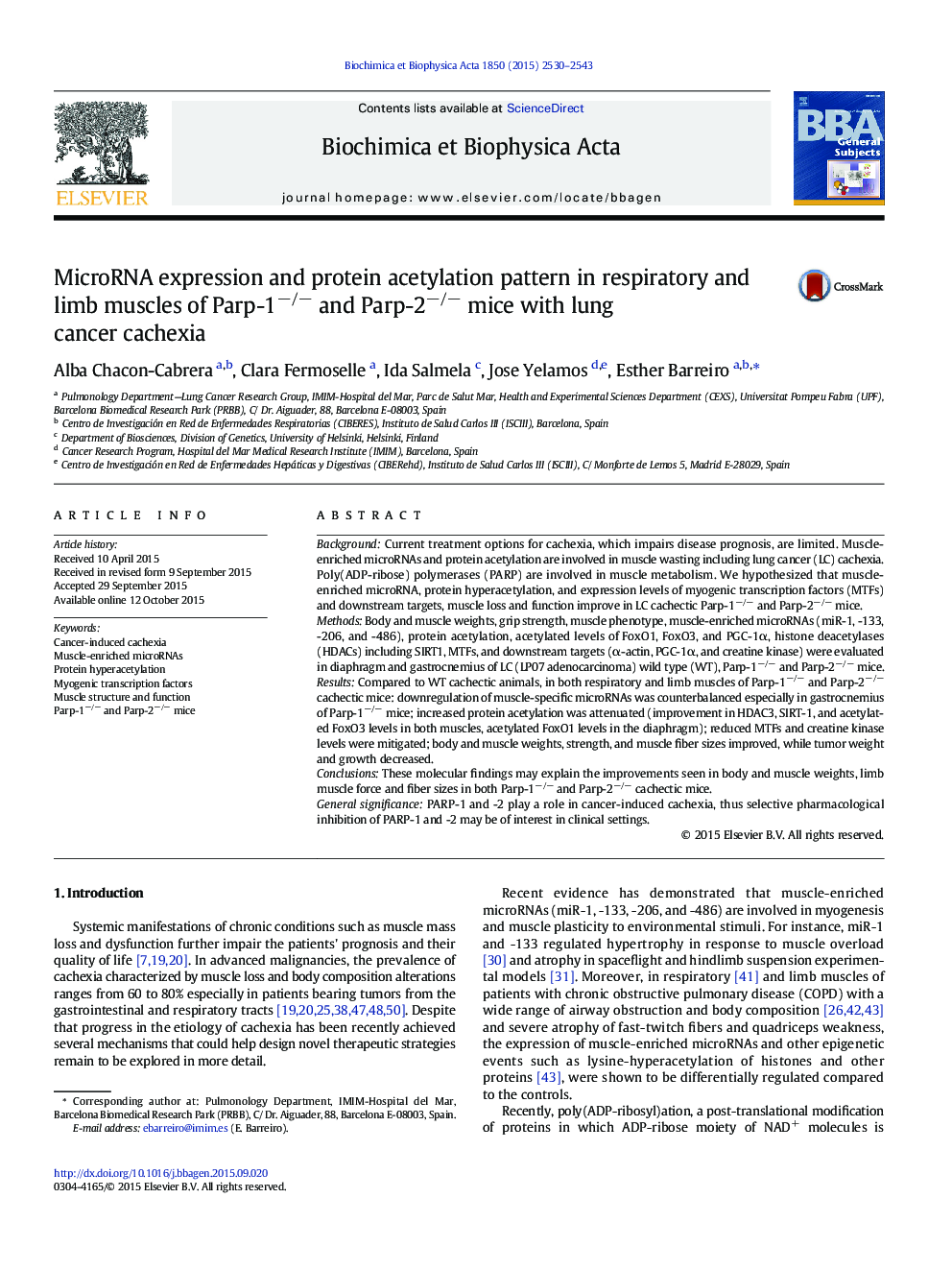 MicroRNA expression and protein acetylation pattern in respiratory and limb muscles of Parp-1â/â and Parp-2â/â mice with lung cancer cachexia