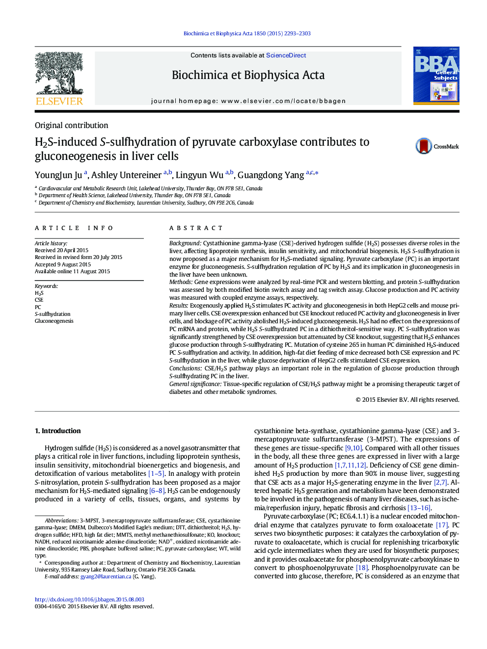 H2S-induced S-sulfhydration of pyruvate carboxylase contributes to gluconeogenesis in liver cells