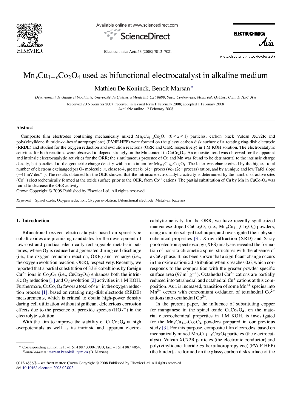 MnxCu1−xCo2O4 used as bifunctional electrocatalyst in alkaline medium