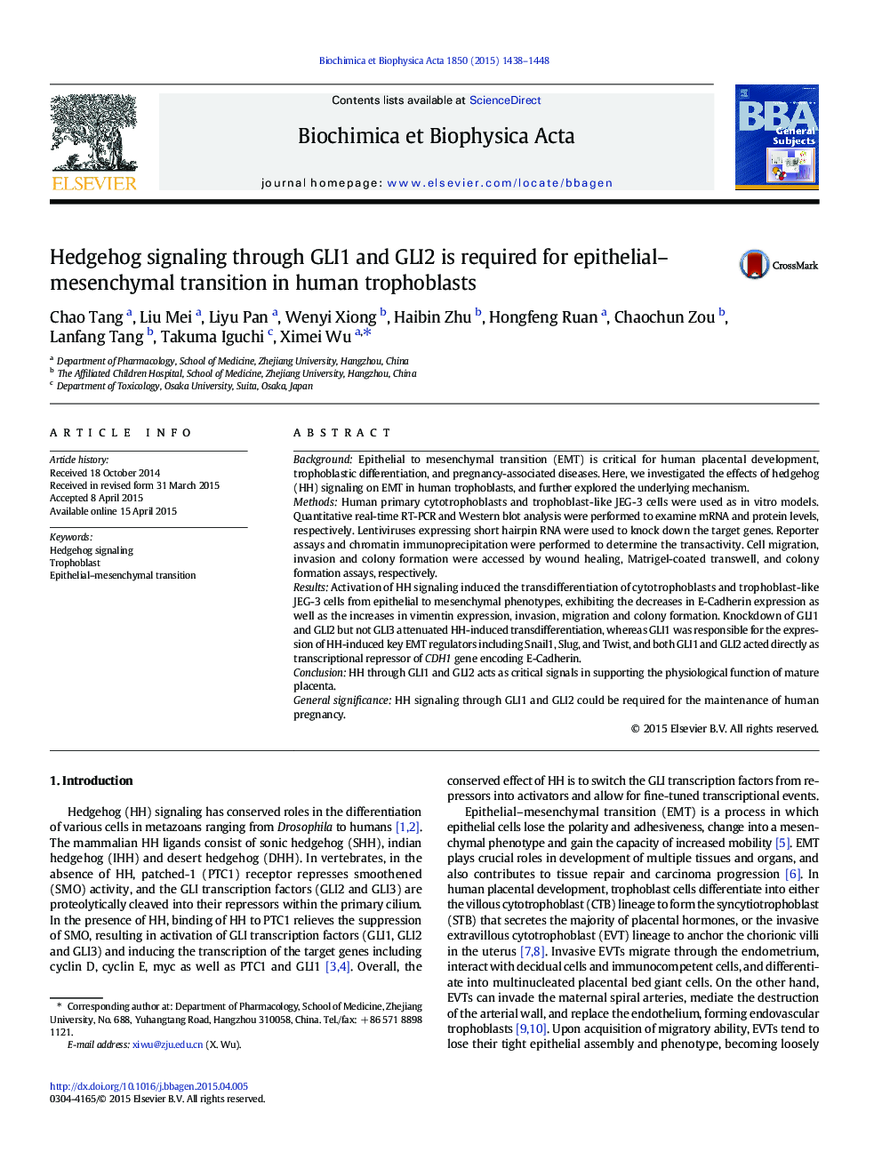 Hedgehog signaling through GLI1 and GLI2 is required for epithelial-mesenchymal transition in human trophoblasts