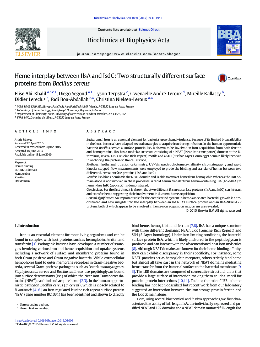 Heme interplay between IlsA and IsdC: Two structurally different surface proteins from Bacillus cereus