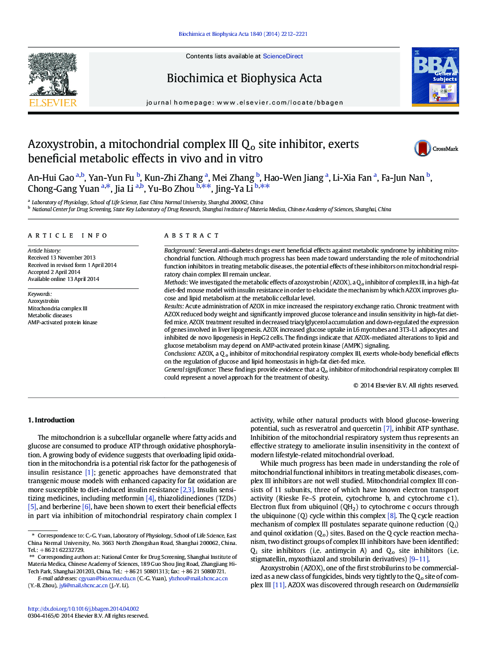 Azoxystrobin, a mitochondrial complex III Qo site inhibitor, exerts beneficial metabolic effects in vivo and in vitro