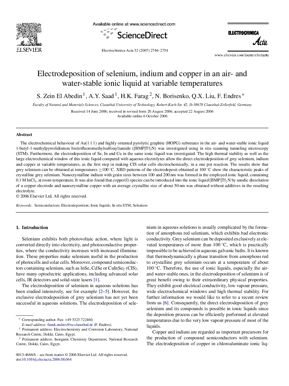 Electrodeposition of selenium, indium and copper in an air- and water-stable ionic liquid at variable temperatures