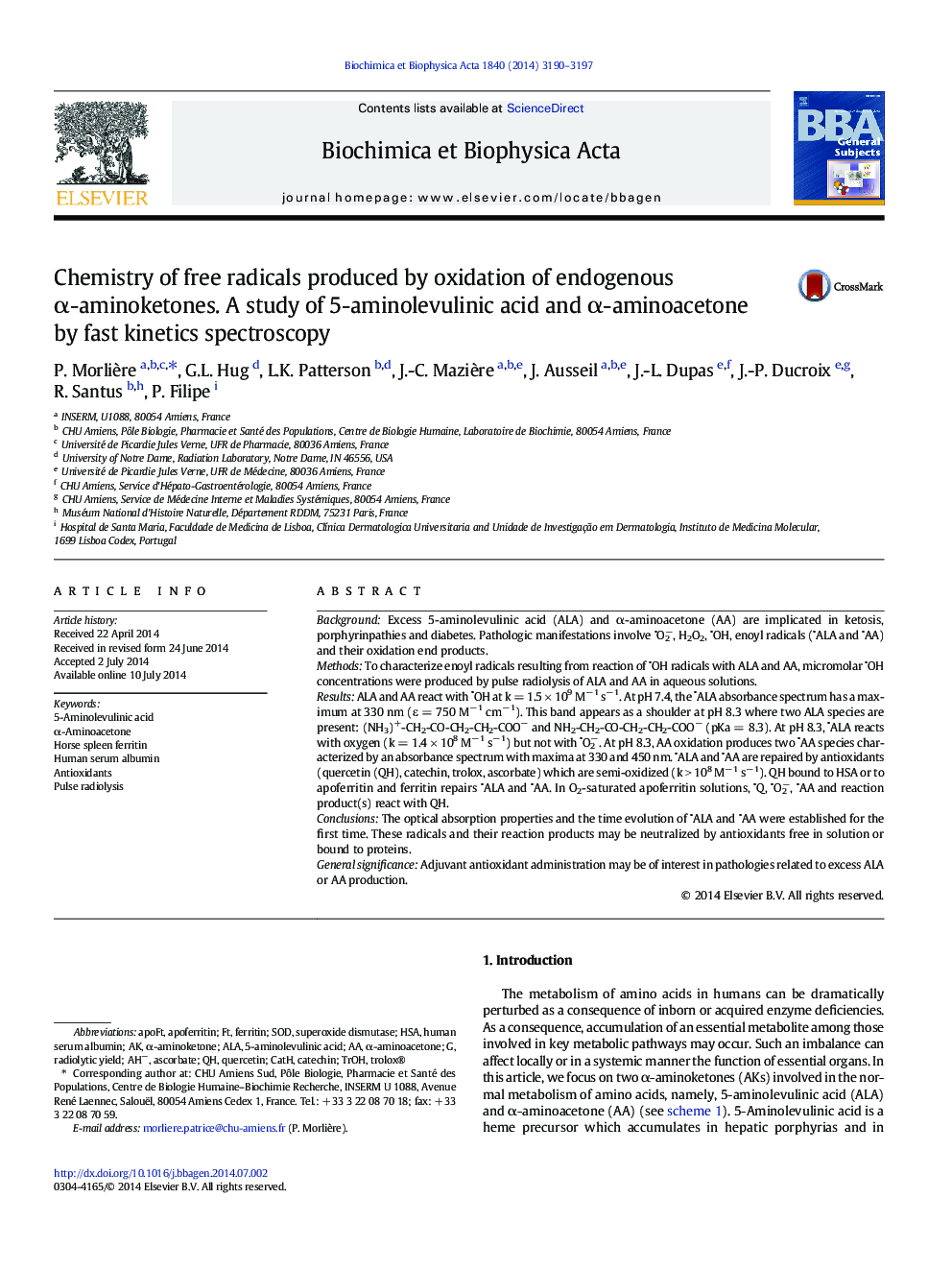 Chemistry of free radicals produced by oxidation of endogenous Î±-aminoketones. A study of 5-aminolevulinic acid and Î±-aminoacetone by fast kinetics spectroscopy
