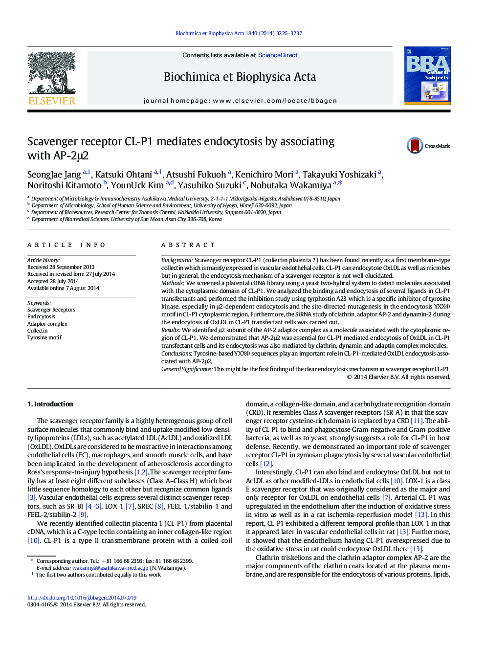 Scavenger receptor CL-P1 mediates endocytosis by associating with AP-2μ2