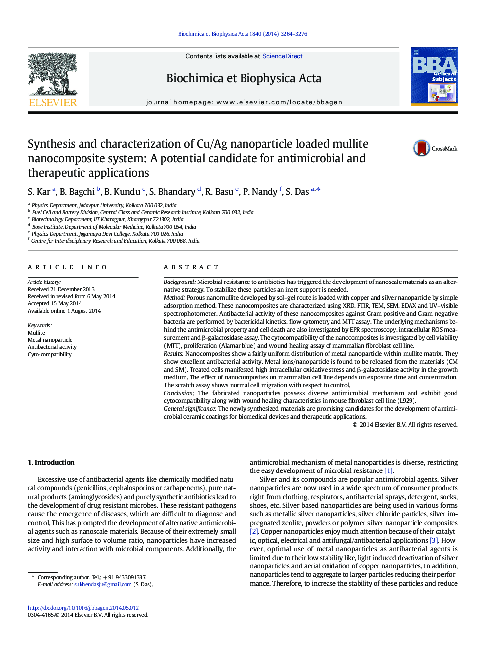 Synthesis and characterization of Cu/Ag nanoparticle loaded mullite nanocomposite system: A potential candidate for antimicrobial and therapeutic applications