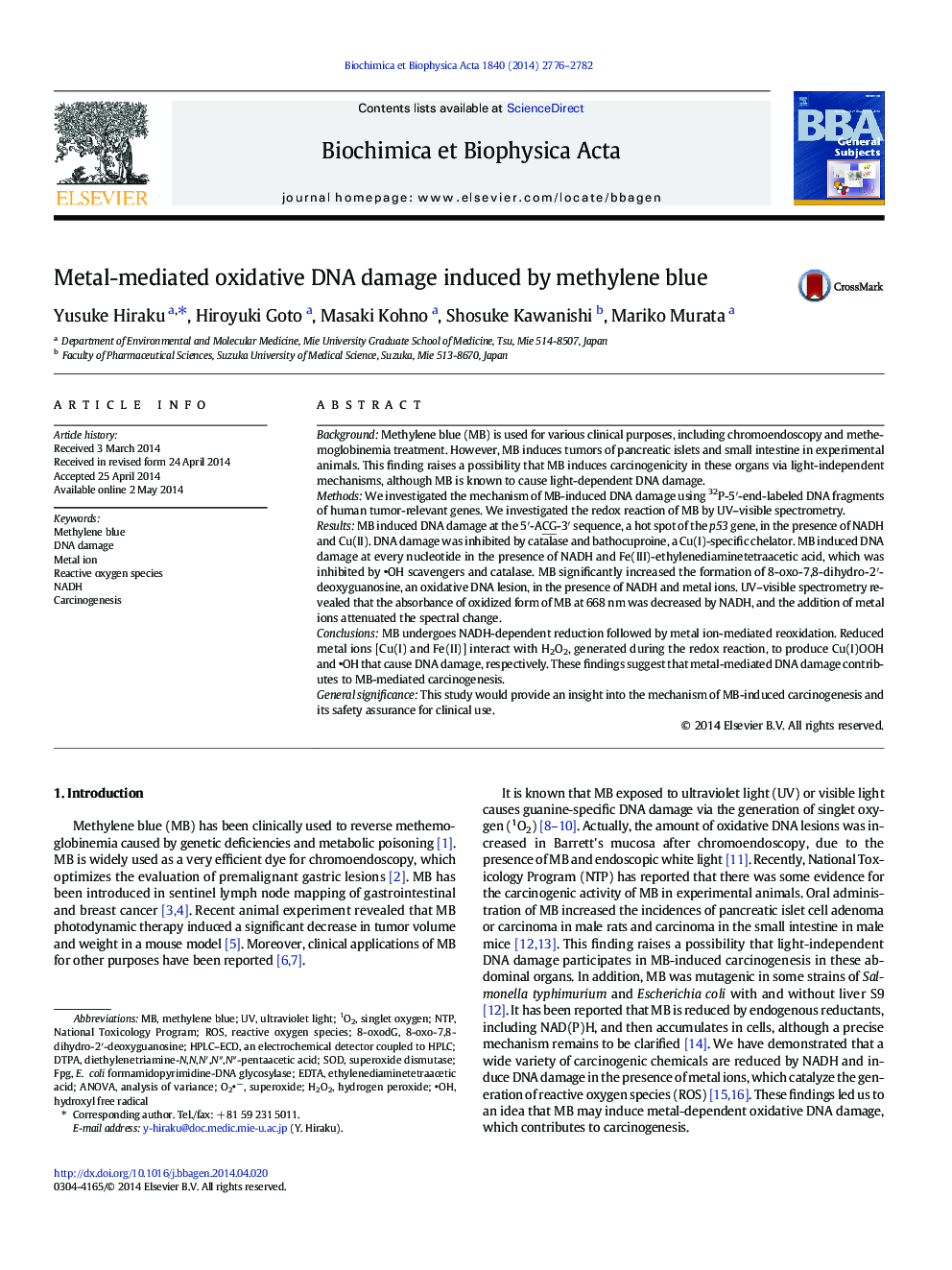 Metal-mediated oxidative DNA damage induced by methylene blue