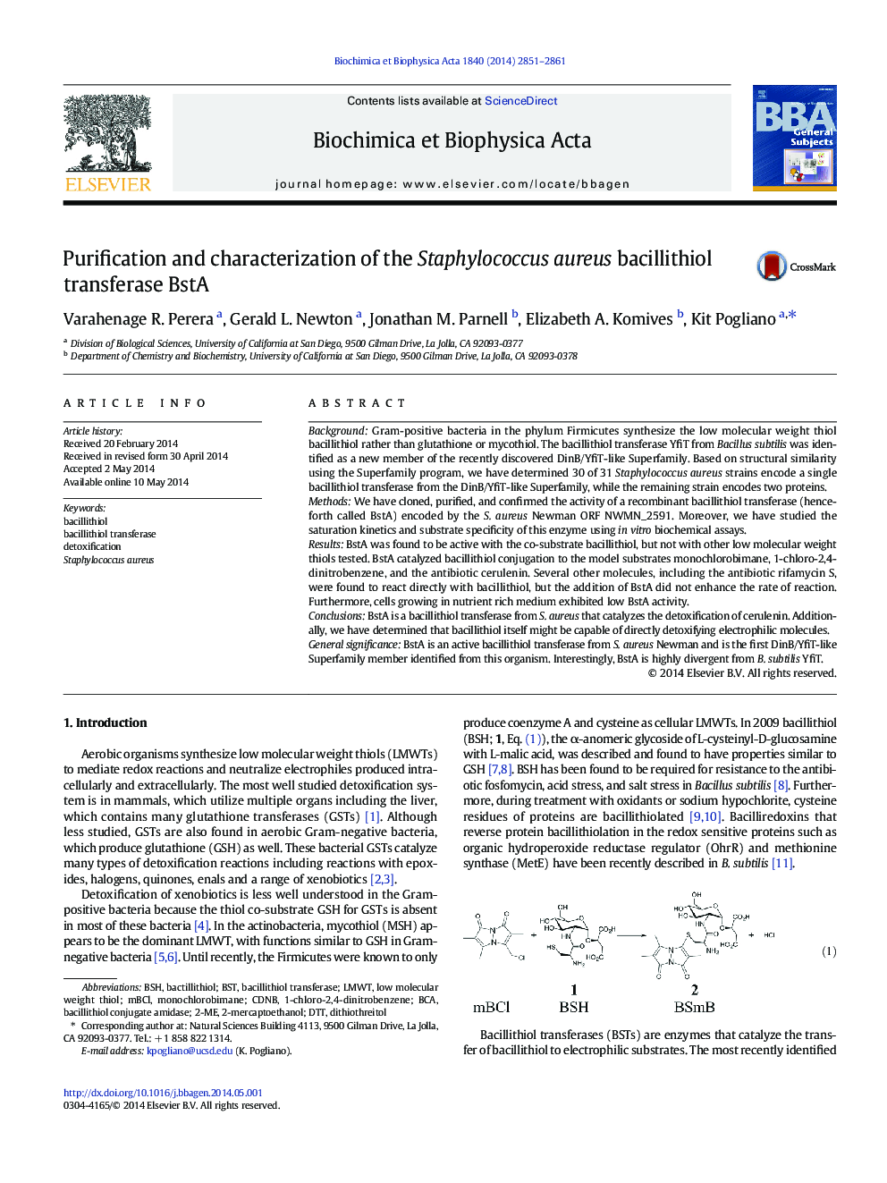Purification and characterization of the Staphylococcus aureus bacillithiol transferase BstA