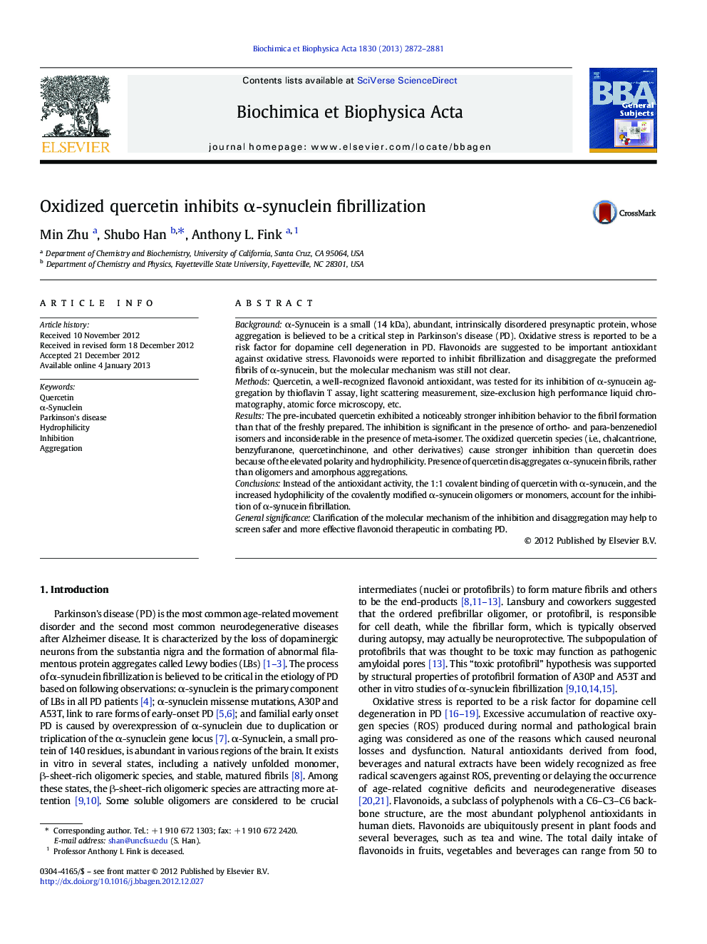 Oxidized quercetin inhibits Î±-synuclein fibrillization