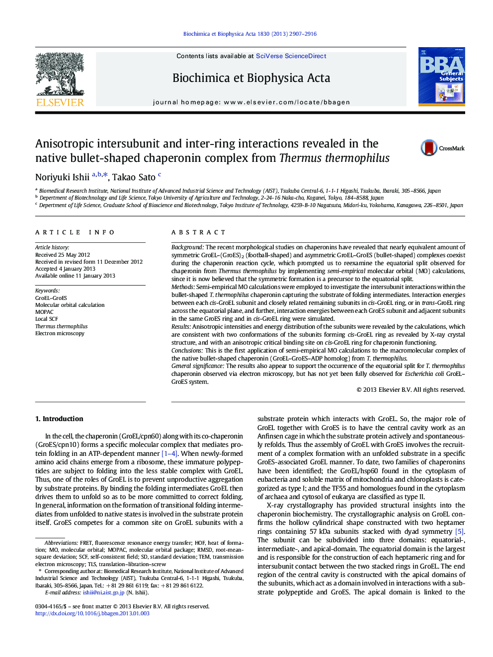 Anisotropic intersubunit and inter-ring interactions revealed in the native bullet-shaped chaperonin complex from Thermus thermophilus