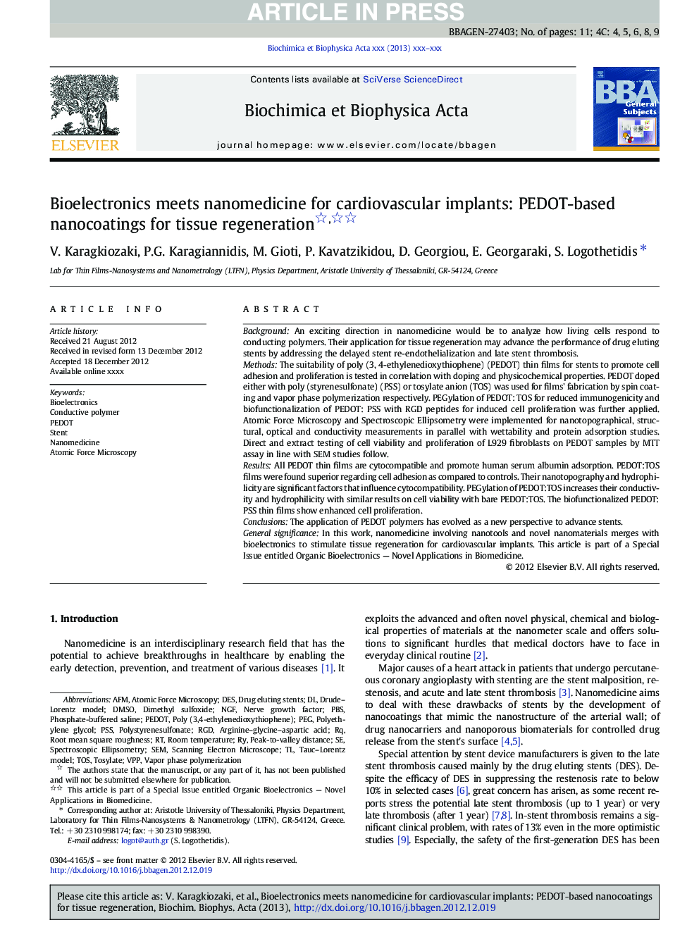 Bioelectronics meets nanomedicine for cardiovascular implants: PEDOT-based nanocoatings for tissue regeneration