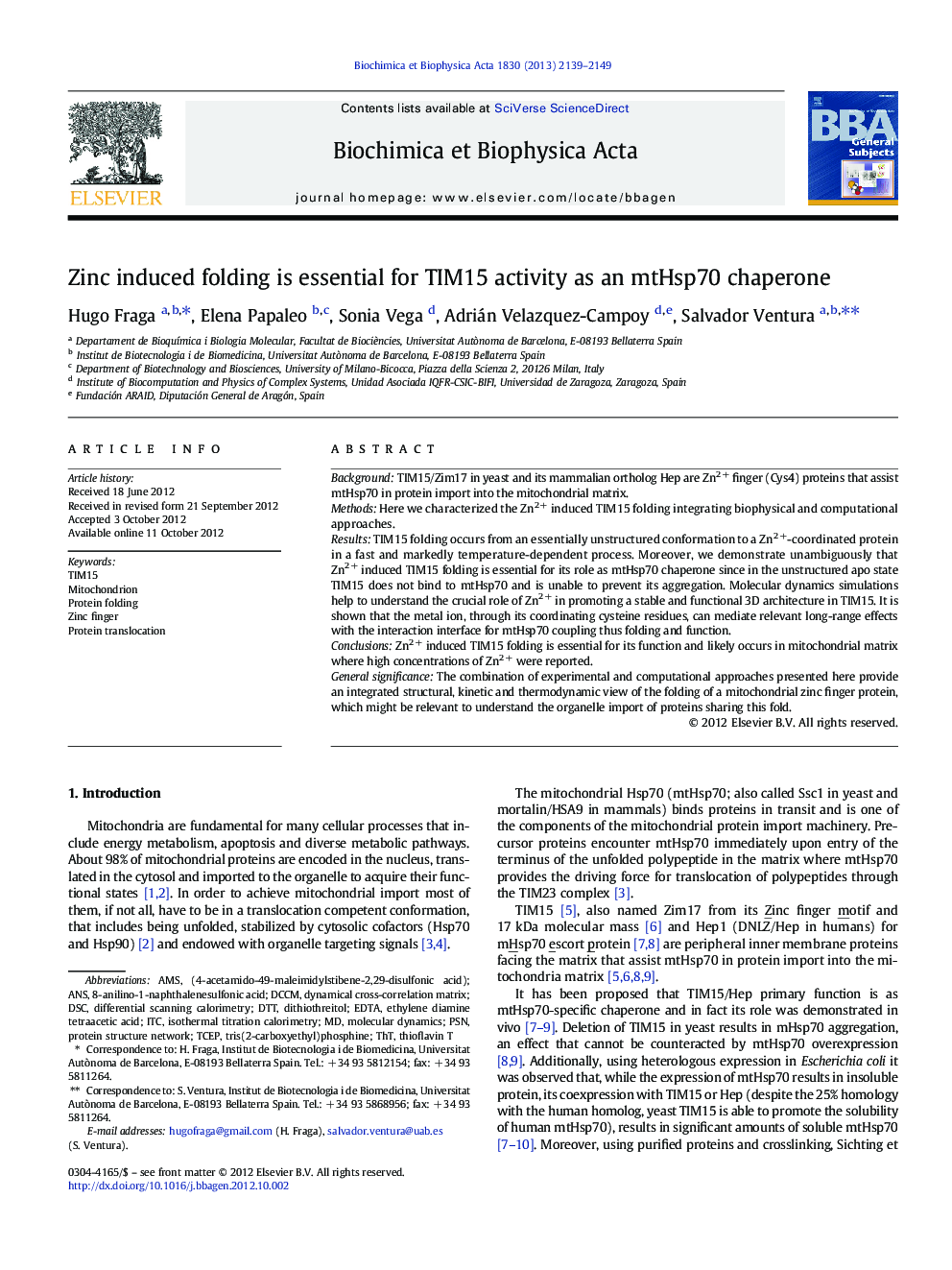 Zinc induced folding is essential for TIM15 activity as an mtHsp70 chaperone