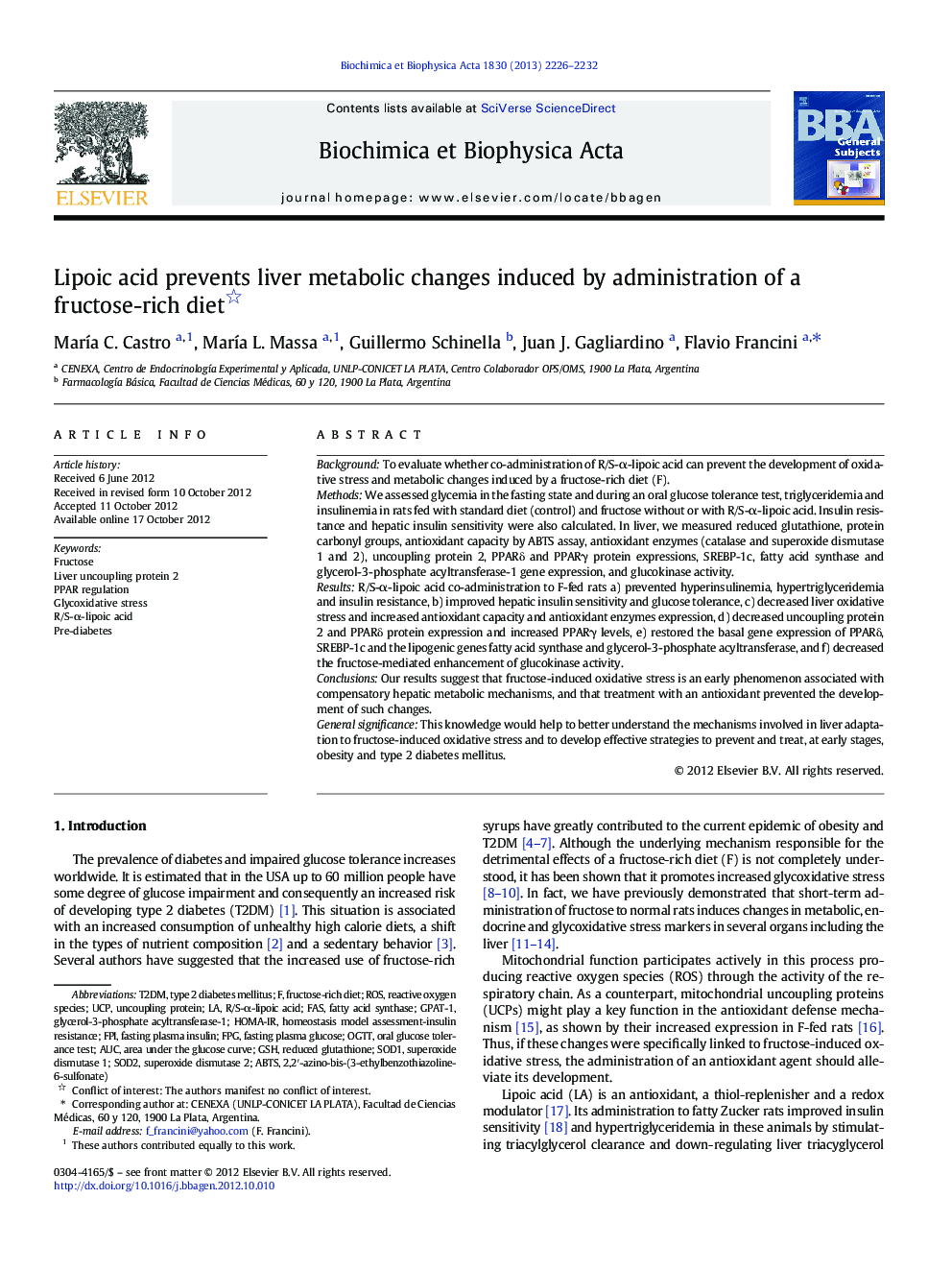 Lipoic acid prevents liver metabolic changes induced by administration of a fructose-rich diet 