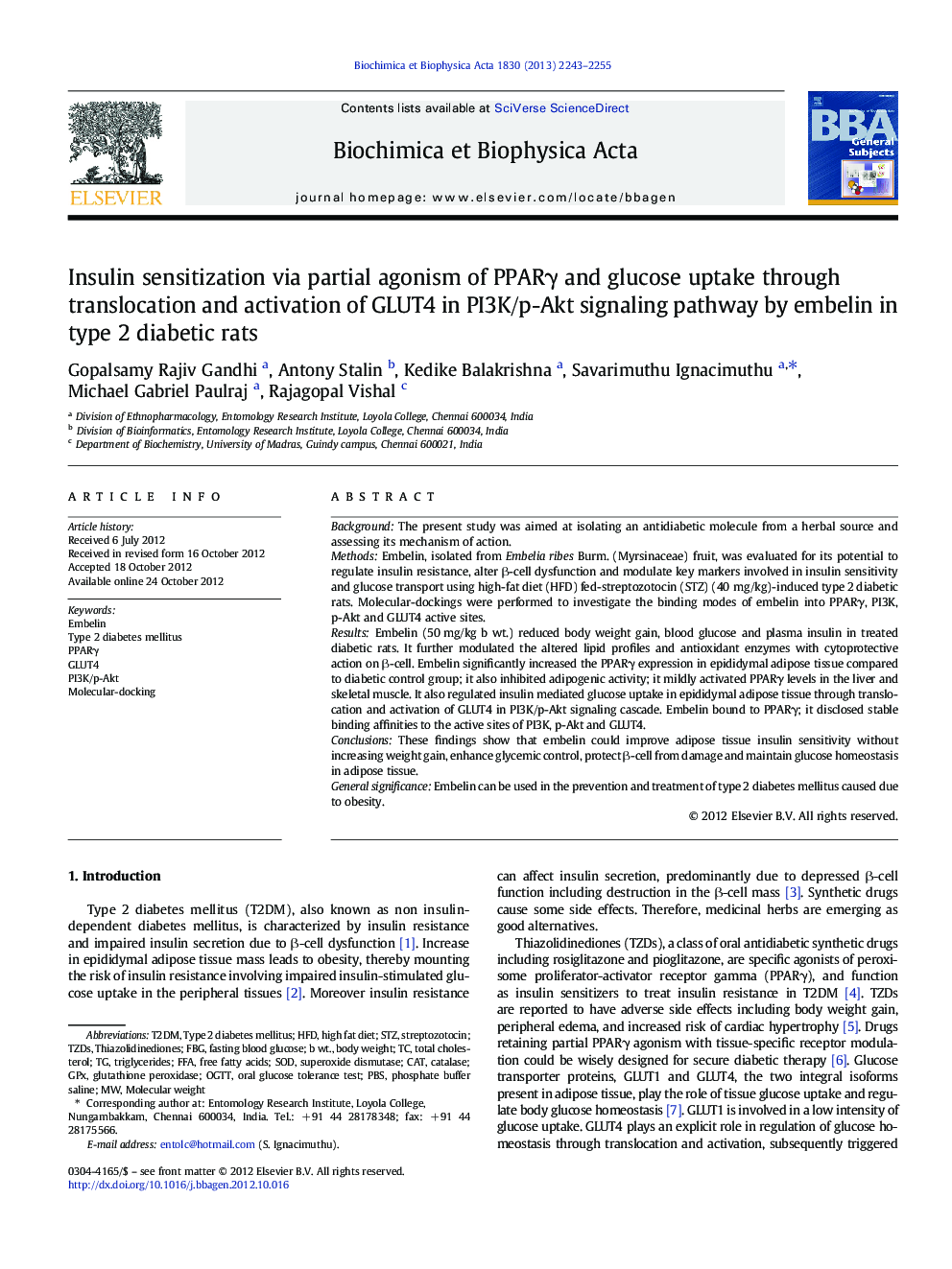 Insulin sensitization via partial agonism of PPARγ and glucose uptake through translocation and activation of GLUT4 in PI3K/p-Akt signaling pathway by embelin in type 2 diabetic rats