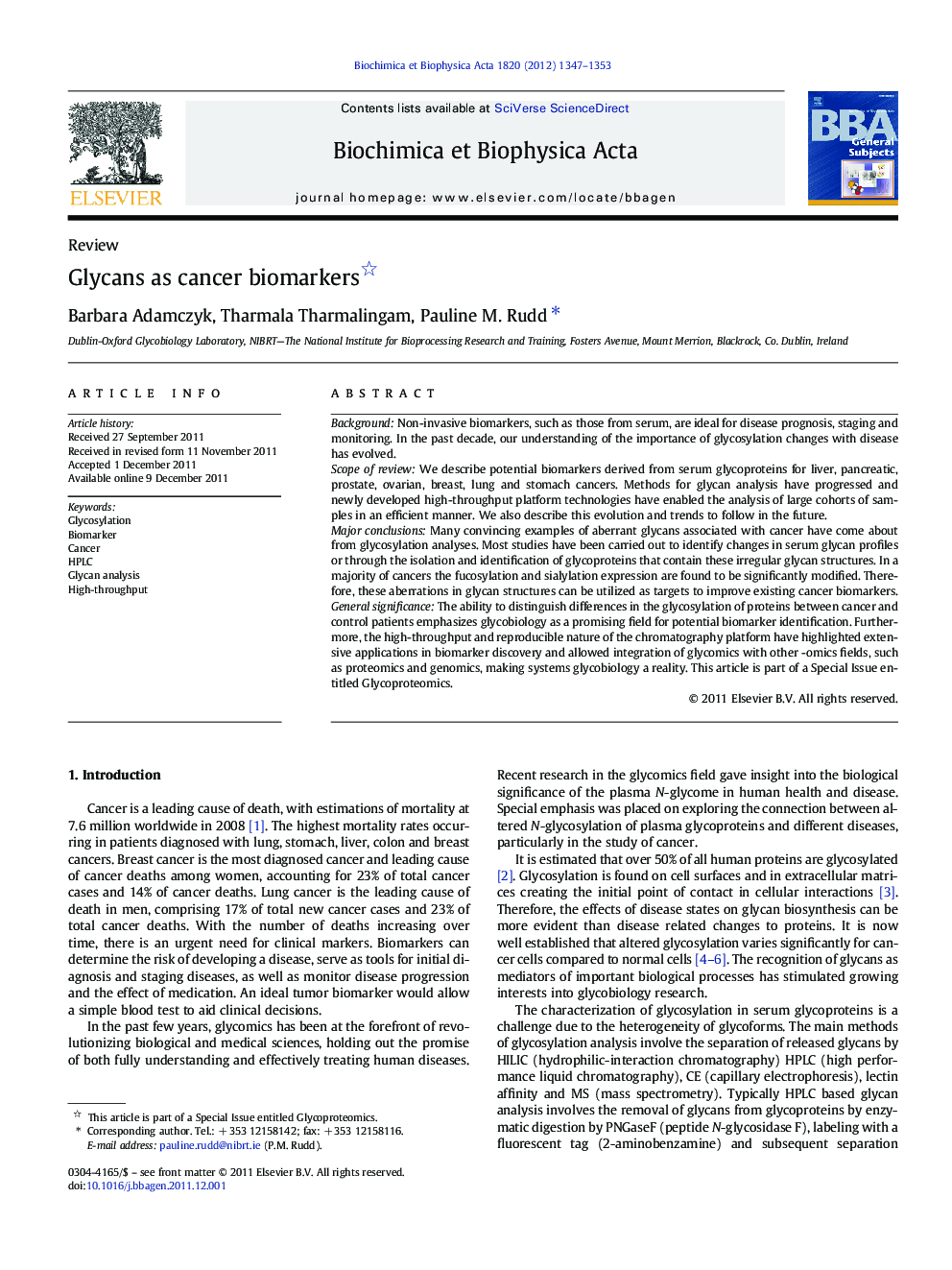 Glycans as cancer biomarkers 