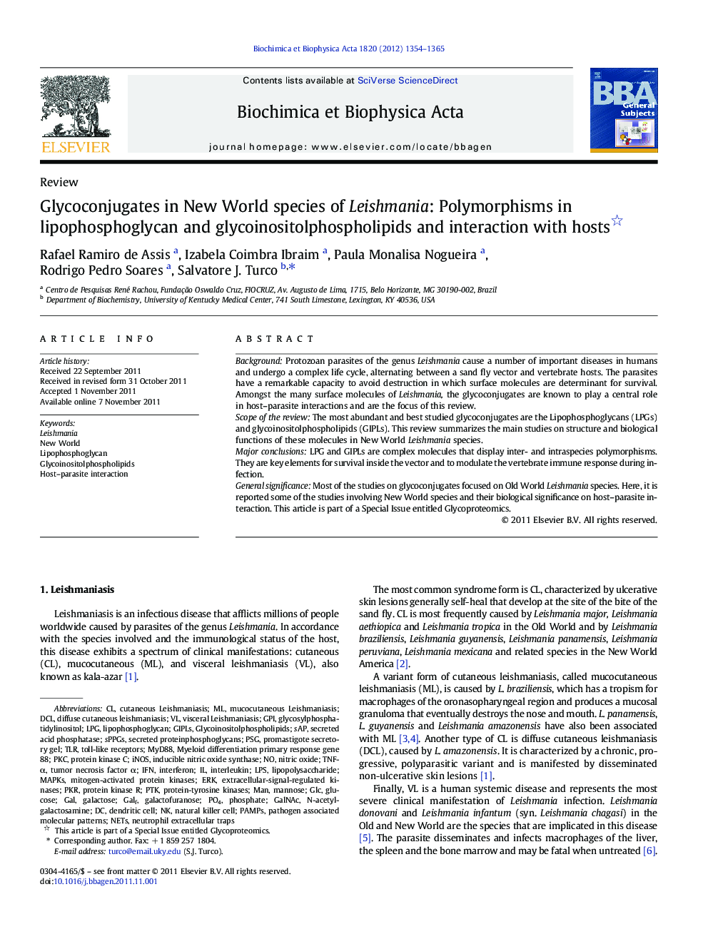 Glycoconjugates in New World species of Leishmania: Polymorphisms in lipophosphoglycan and glycoinositolphospholipids and interaction with hosts 