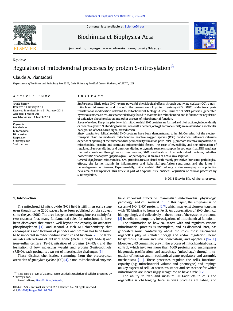 Regulation of mitochondrial processes by protein S-nitrosylation 