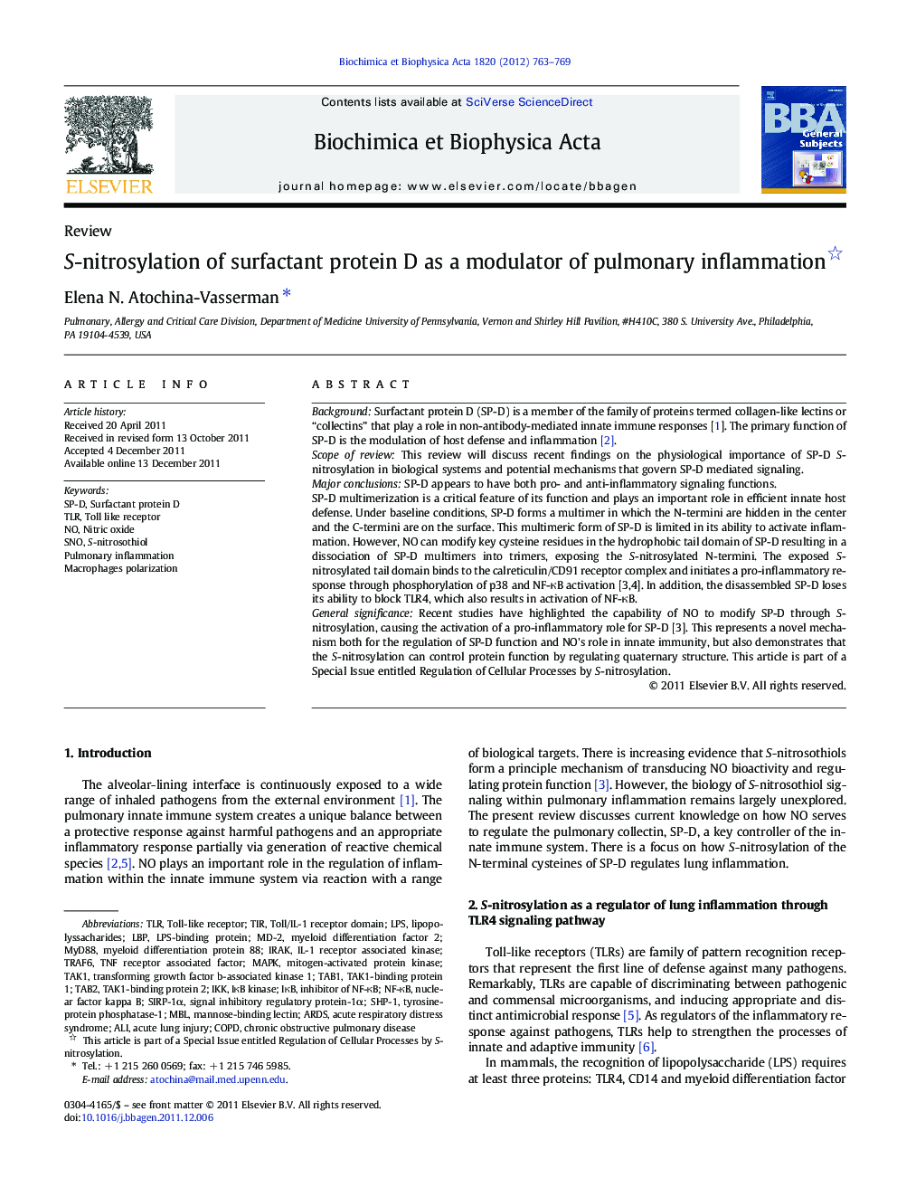 S-nitrosylation of surfactant protein D as a modulator of pulmonary inflammation